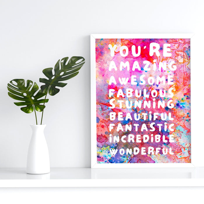 You are amazing pink orange poster, funky 70s pink wall art, digital artwork,printable, girly dorm room art trendy retro digital download