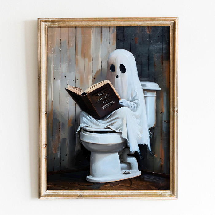 Too ghoul for school cute ghost reading book toilet funny halloween bathroom print nursery wall art halloween classroom art digital download