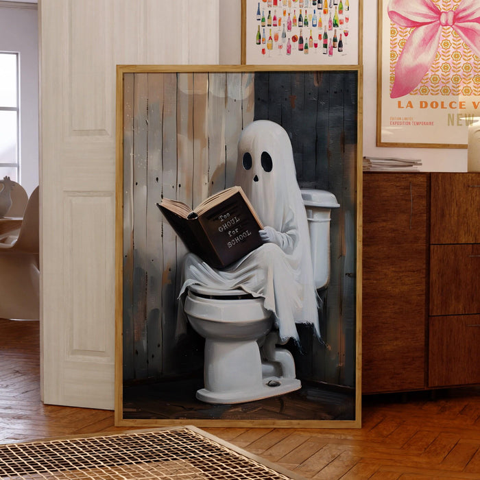 Too ghoul for school cute ghost reading book toilet funny halloween bathroom print nursery wall art halloween classroom art digital download