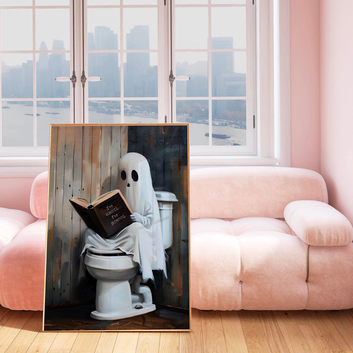 Too ghoul for school cute ghost reading book toilet funny halloween bathroom print nursery wall art halloween classroom art digital download