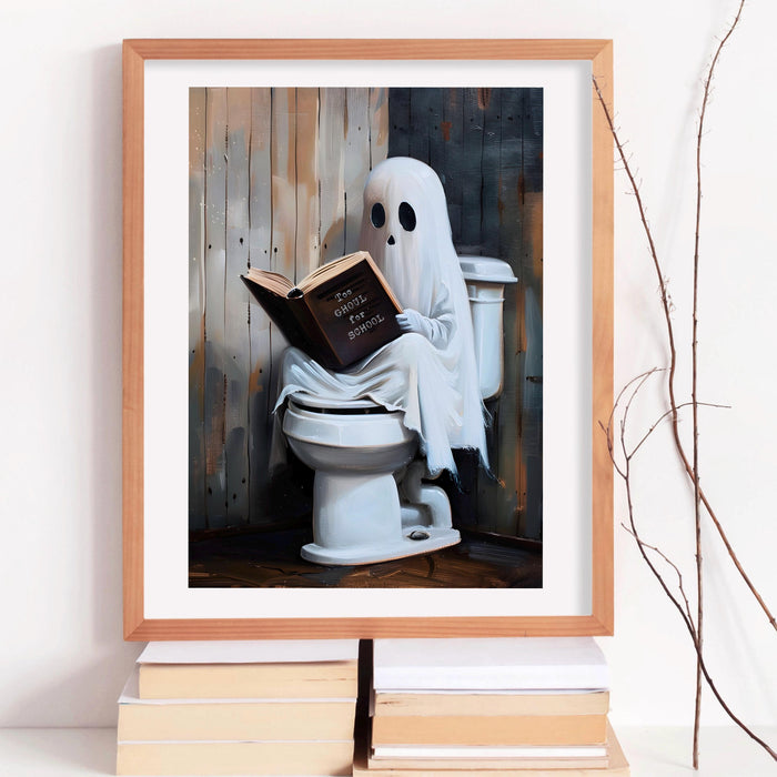 Too ghoul for school cute ghost reading book toilet funny halloween bathroom print nursery wall art halloween classroom art digital download