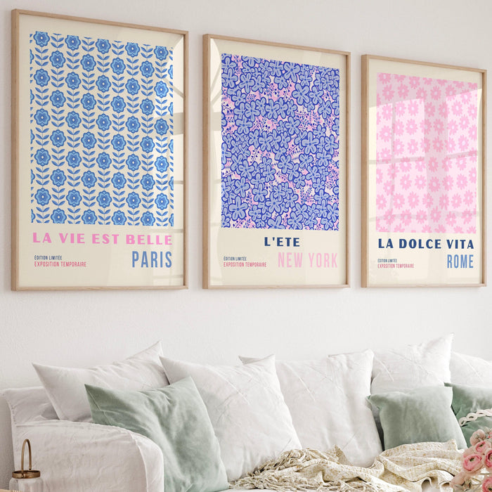 Pink blue abstract digital download, printable set of 3, 70s style poster, 60s flower print, orange pink decor, dork room wall art, orange