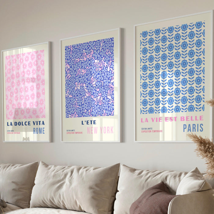 Pink blue abstract digital download, printable set of 3, 70s style poster, 60s flower print, orange pink decor, dork room wall art, orange