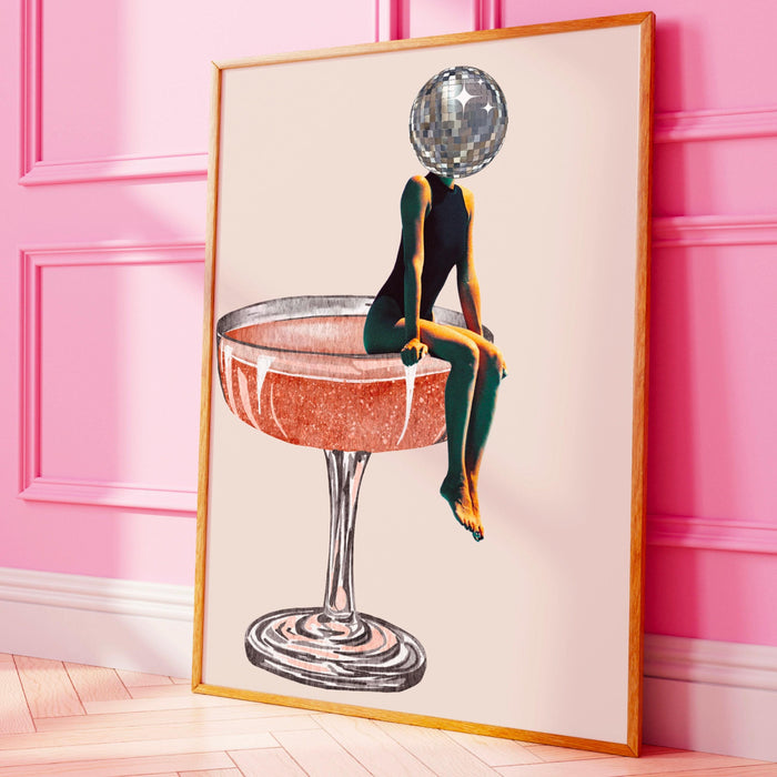 Disco ball head poster, funky disco 70s print, retro wall art, digital artwork, luxury mirrorball printable, girly dorm room artt trendy