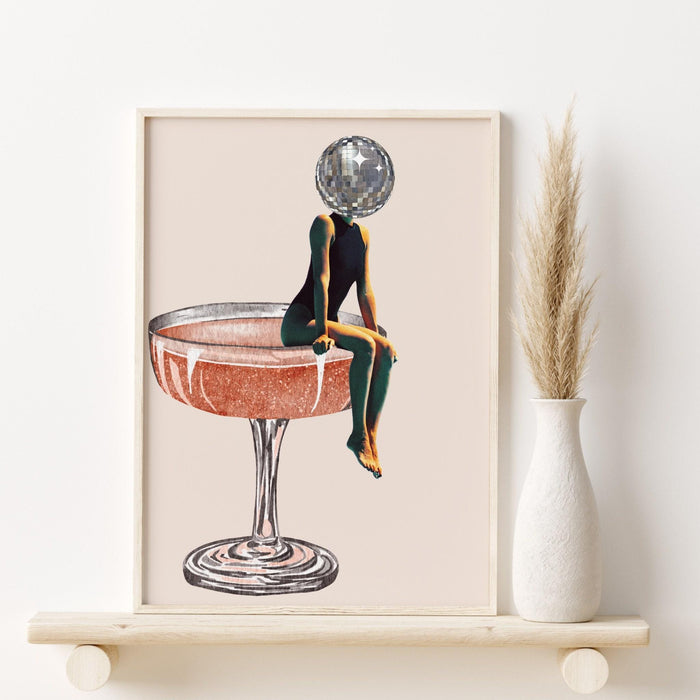 Disco ball head poster, funky disco 70s print, retro wall art, digital artwork, luxury mirrorball printable, girly dorm room artt trendy