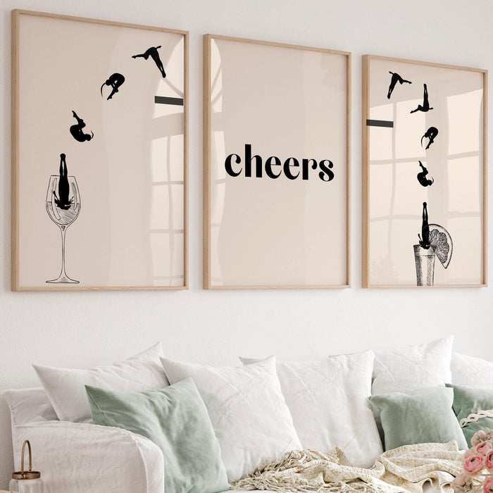 Cheers print | trendy retro wall art set of 3 | bar cart drinks art | bar cart accessories | drinks printable wall art | digital download
