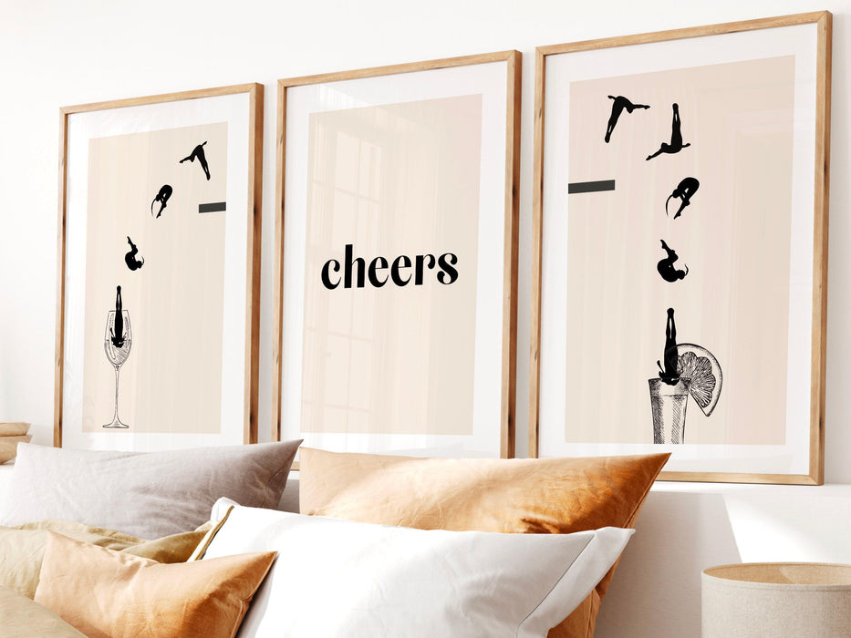 Cheers print | trendy retro wall art set of 3 | bar cart drinks art | bar cart accessories | drinks printable wall art | digital download
