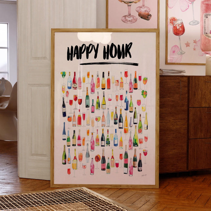 Happy hour retro watercolor champagne cocktail poster aesthetic girly bar cart art preppy pink posters cute champagne wall art printable