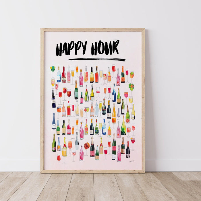 Happy hour retro watercolor champagne cocktail poster aesthetic girly bar cart art preppy pink posters cute champagne wall art printable