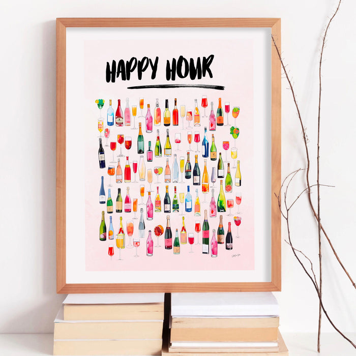 Happy hour retro watercolor champagne cocktail poster aesthetic girly bar cart art preppy pink posters cute champagne wall art printable