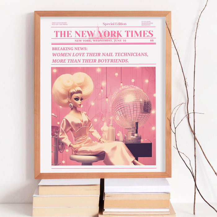 Trendy newspaper print, nail technician wall art, preppy vintage wall decor, funny dorm decor, bar cart wall art salon decor funny printable