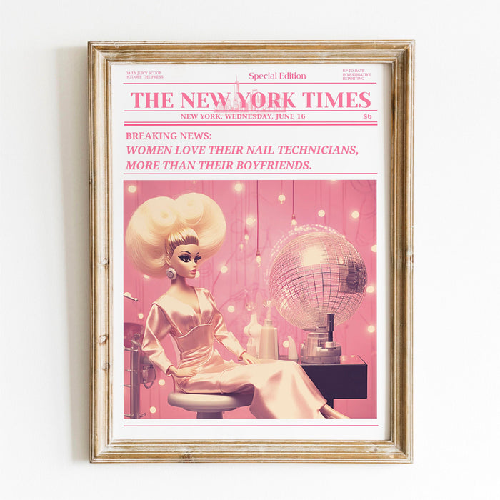 Trendy newspaper print, nail technician wall art, preppy vintage wall decor, funny dorm decor, bar cart wall art salon decor funny printable