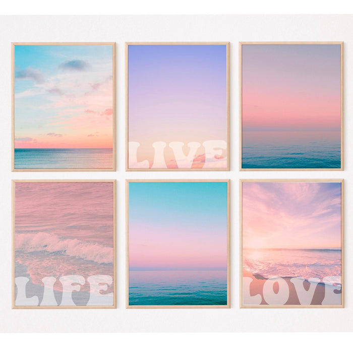 Love life live, set of 6 pale pink prints, aura posters| digital download | sunset art, printable, sunrise ocean print, hippie 70's poster