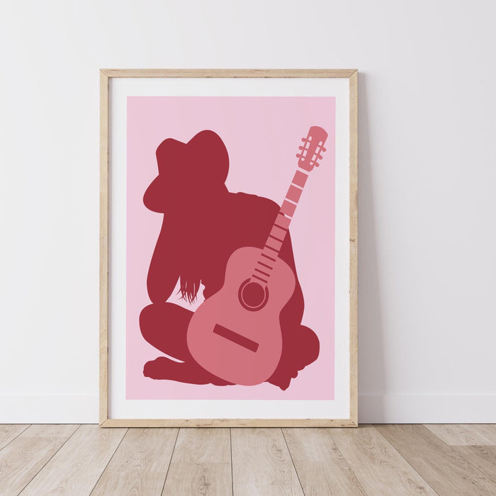 Preppy cowgirl print, pink cowgirl hat boots retro style poster, cowgirl with guitar, preppy wall print, printable wall art, cute dorm decor