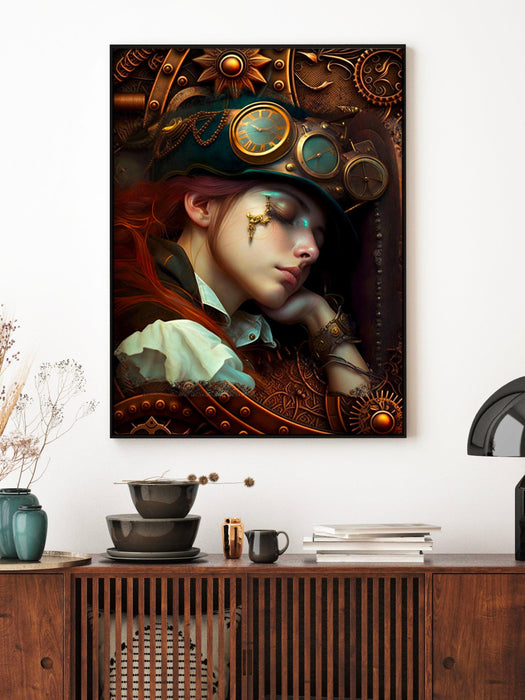 Steampunk girl wall art, steampunk decor, vintage wall art set of 3, steampunk print poster, above bed wall art, steampunk digital download