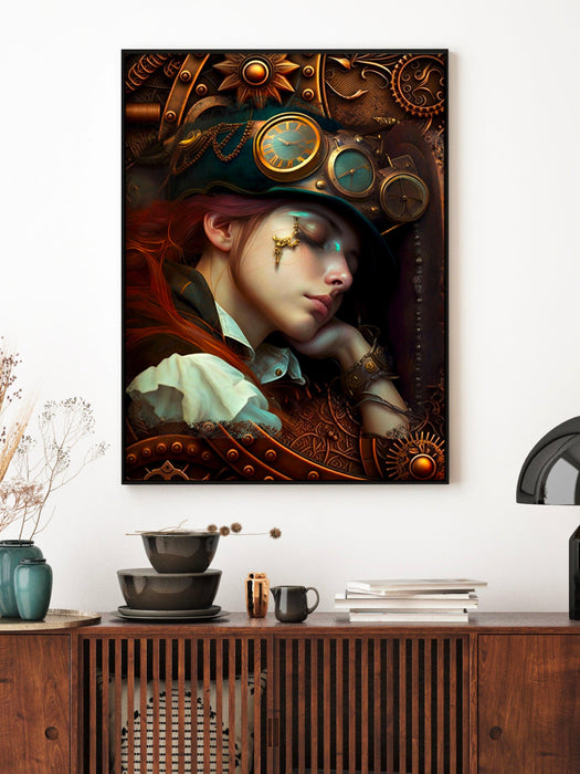 Steampunk girl wall art, steampunk decor, vintage wall art set of 3, steampunk print poster, above bed wall art, steampunk digital download