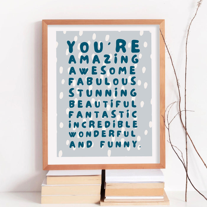 You are amazing blue poster, funky 70s positivity wall art, digital artwork,printable, girly dorm room art trendy retro digital download