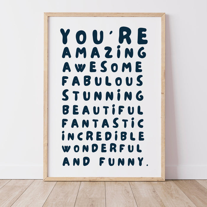 You are amazing blue poster, funky 70s positivity wall art, digital artwork,printable, girly dorm room art trendy retro digital download
