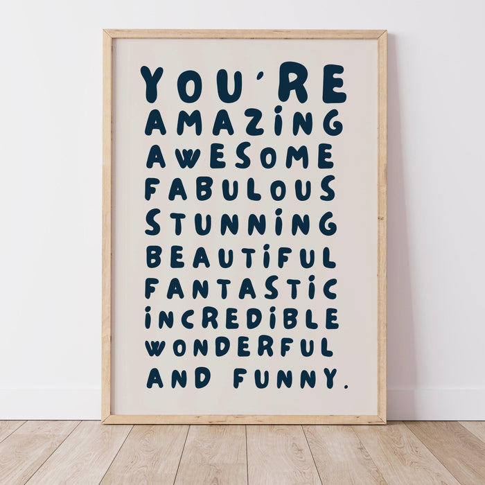 You are amazing blue poster, funky 70s positivity wall art, digital artwork,printable, girly dorm room art trendy retro digital download