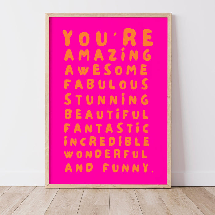 You are amazing blue poster, funky 70s positivity wall art, digital artwork,printable, girly dorm room art trendy retro digital download
