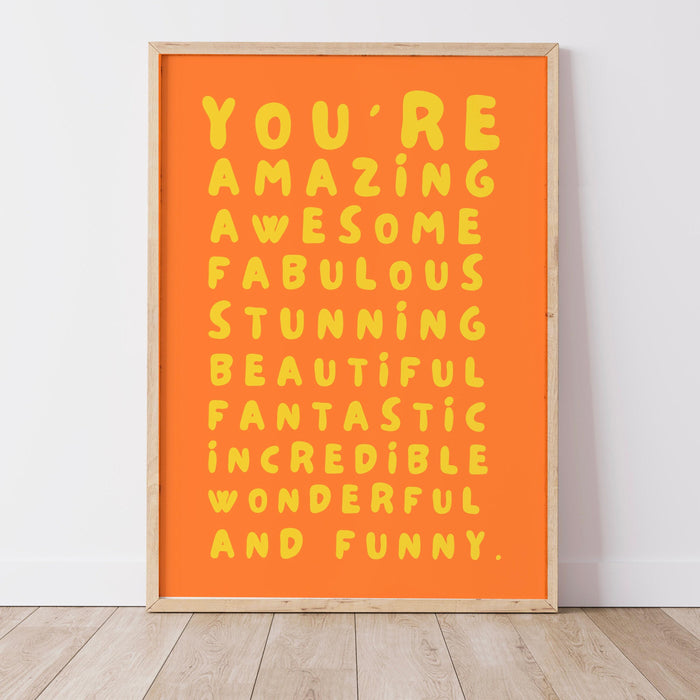 You are amazing blue poster, funky 70s positivity wall art, digital artwork,printable, girly dorm room art trendy retro digital download