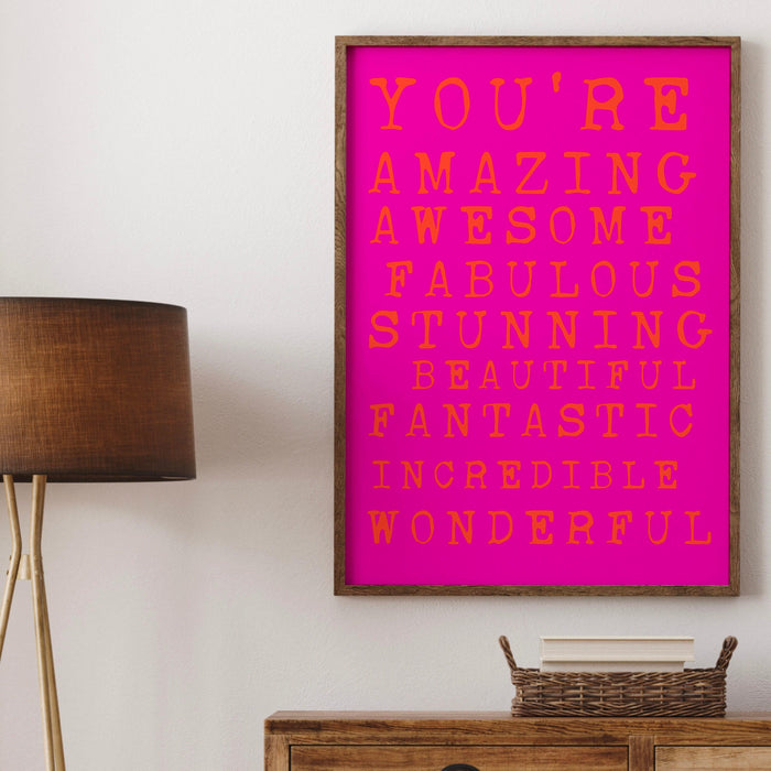 You are amazing pink orange poster, funky 70s pink wall art, digital artwork,printable, girly dorm room art trendy retro digital download