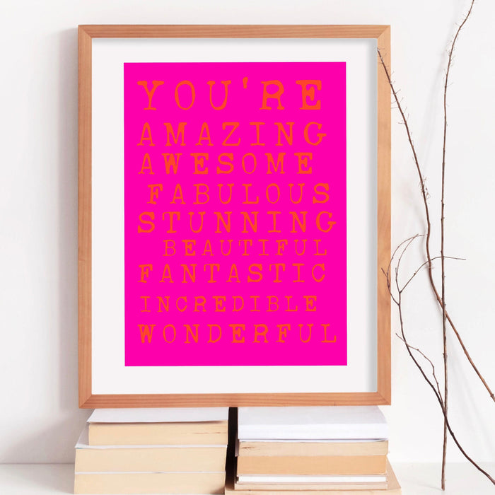 You are amazing pink orange poster, funky 70s pink wall art, digital artwork,printable, girly dorm room art trendy retro digital download