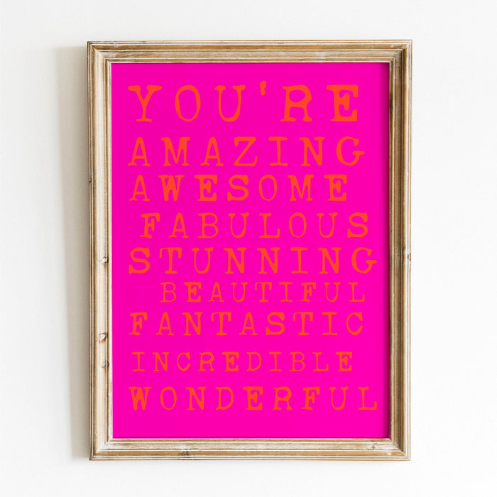 You are amazing pink orange poster, funky 70s pink wall art, digital artwork,printable, girly dorm room art trendy retro digital download