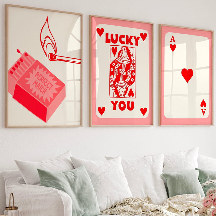 Trendy retro wall art set of 9, modern aesthetic print, lucky you poster, red cream print, trendy wall art funny dorm art minimalist digital