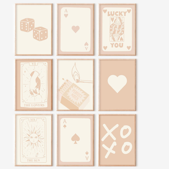 Trendy retro wall art set of 9, retro trendy aesthetic print,lucky you poster,beige print,trendy wall art,funny art, minimalist, digital art