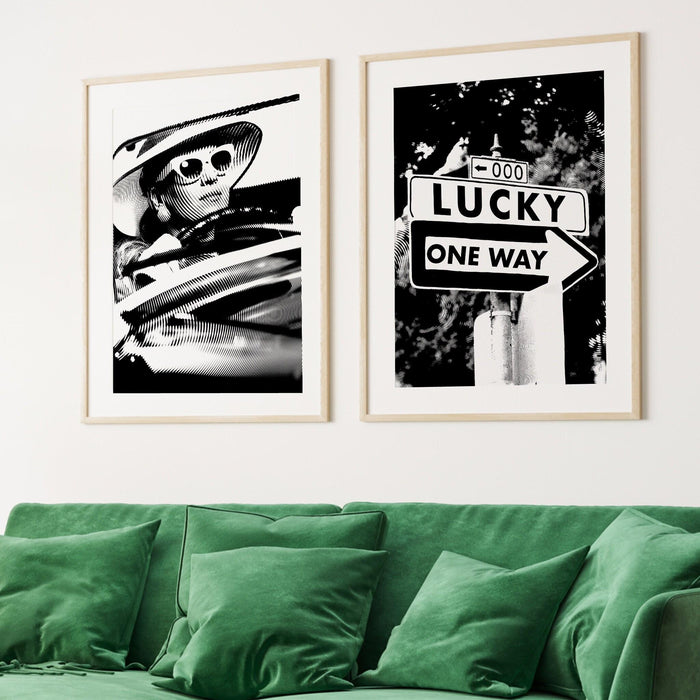 Trendy retro wall art set of 2, retro trendy aesthetic print, lucky you poster,black and white wall art,funny art, minimalist, printable art