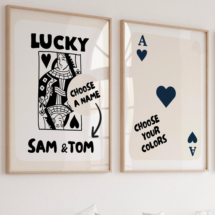 Trendy retro wall art set of 2, personalized, lucky you custom poster aesthetic print dorm decor ace hearts gift for friend digital download