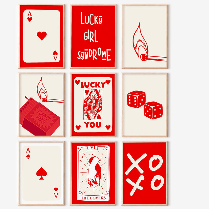 Trendy retro wall art set of 12,retro trendy aesthetic print,lucky you poster,red print,trendy wall art,funny art, minimalist, digital art