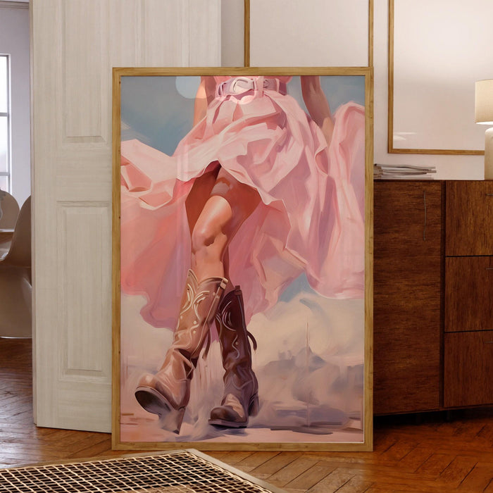 Trendy retro wall art cowgirl boots printable, pink painting, western, southern girl dorm room wall art, boho girly decor digital download