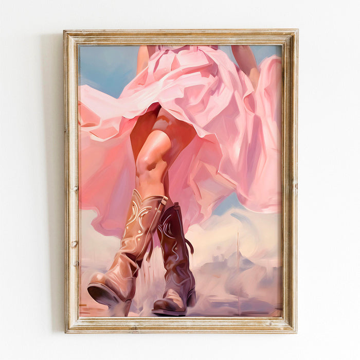 Trendy retro wall art cowgirl boots printable, pink painting, western, southern girl dorm room wall art, boho girly decor digital download