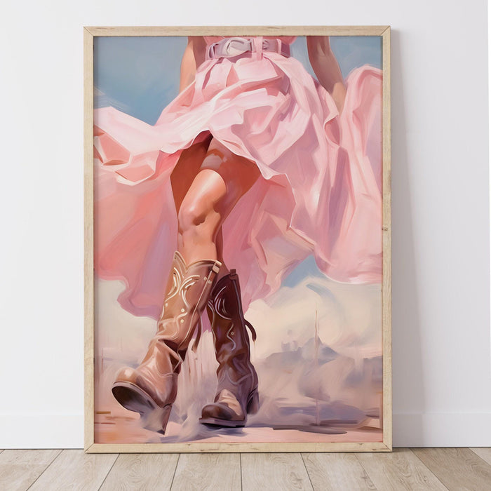 Trendy retro wall art cowgirl boots printable, pink painting, western, southern girl dorm room wall art, boho girly decor digital download
