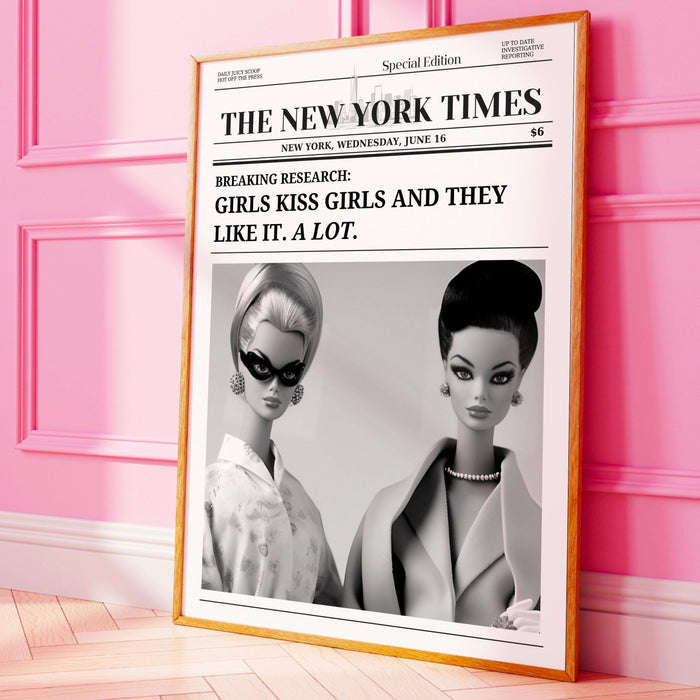 Trendy retro newspapers print, girls kiss poster, vintage wall art, new york times, preppy, dorm decor, bar cart wall art, black and white