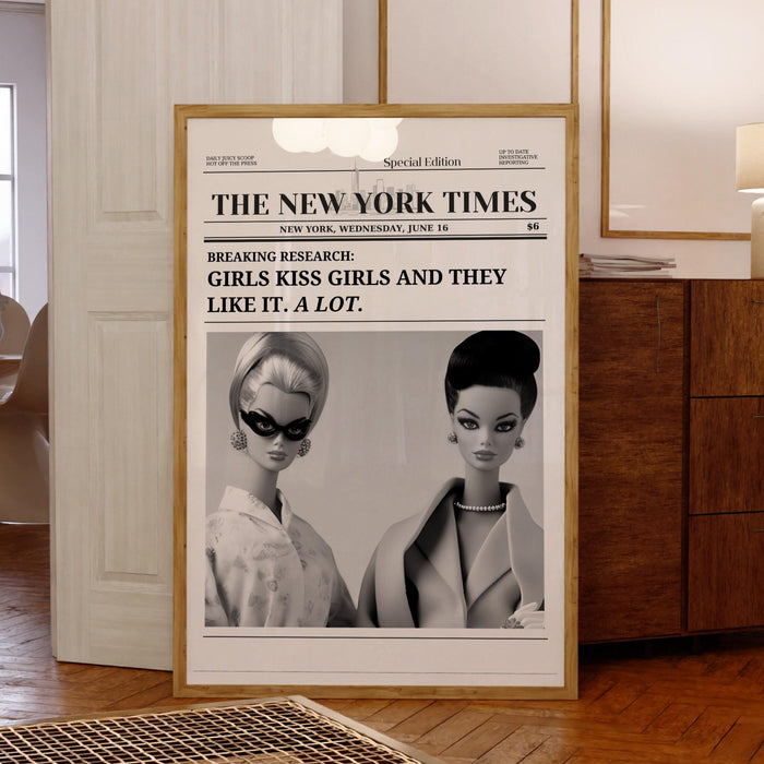 Trendy retro newspapers print, girls kiss poster, vintage wall art, new york times, preppy, dorm decor, bar cart wall art, black and white