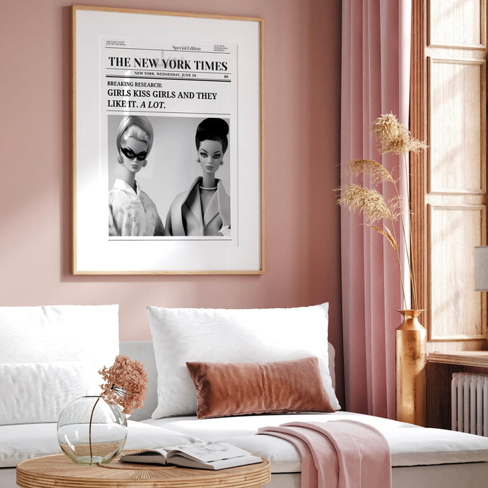 Trendy retro newspapers print, girls kiss poster, vintage wall art, new york times, preppy, dorm decor, bar cart wall art, black and white