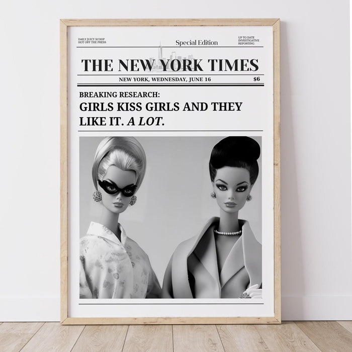Trendy retro newspapers print, girls kiss poster, vintage wall art, new york times, preppy, dorm decor, bar cart wall art, black and white