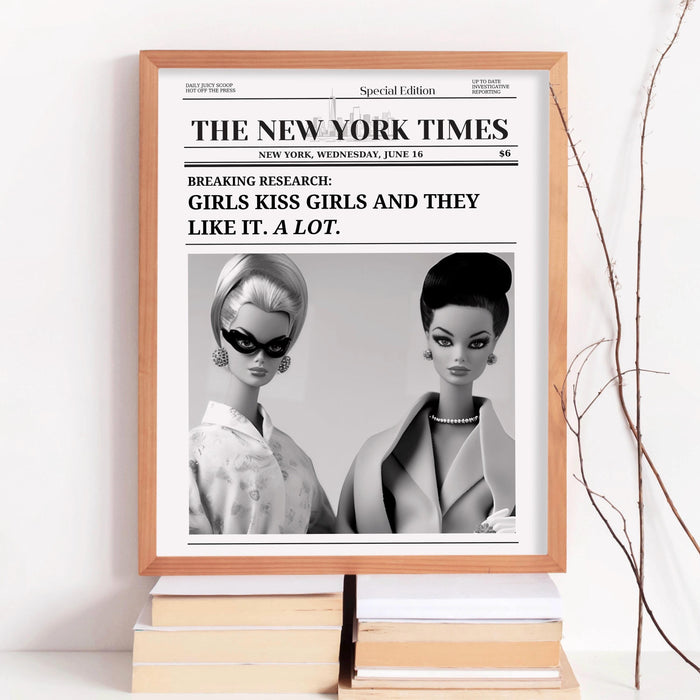 Trendy retro newspapers print, girls kiss poster, vintage wall art, new york times, preppy, dorm decor, bar cart wall art, black and white