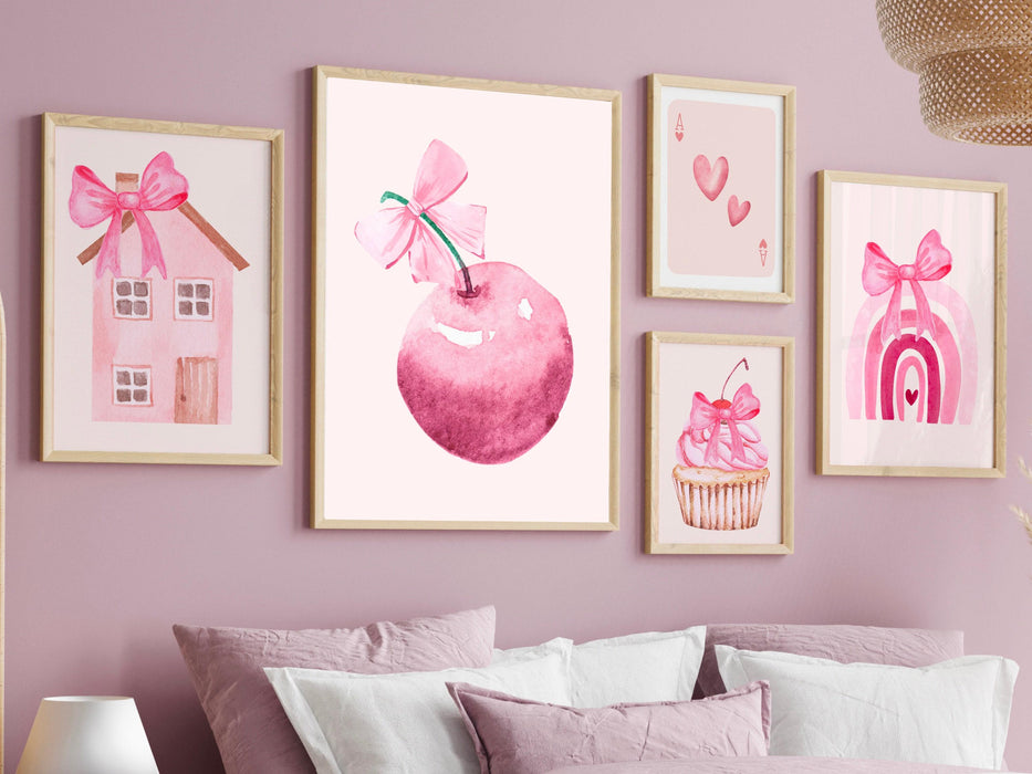 pink bows wall art set of 12 retro trendy aesthetic print,coquette pink bow print trendy wall art funny art minimalist digital art