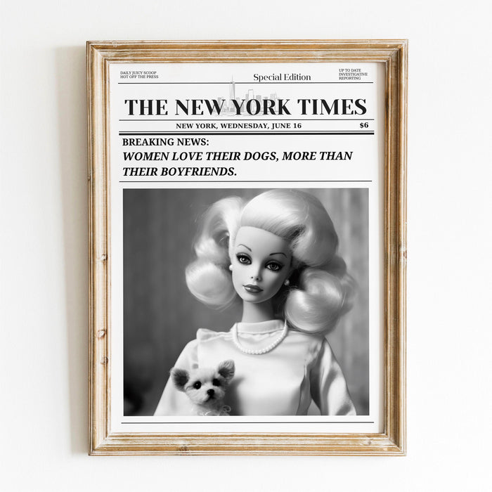 Trendy newspaper print, dog lover gift, doll lover vintage wall decor, girly wall art, preppy, bar cart wall art. retro funny printable