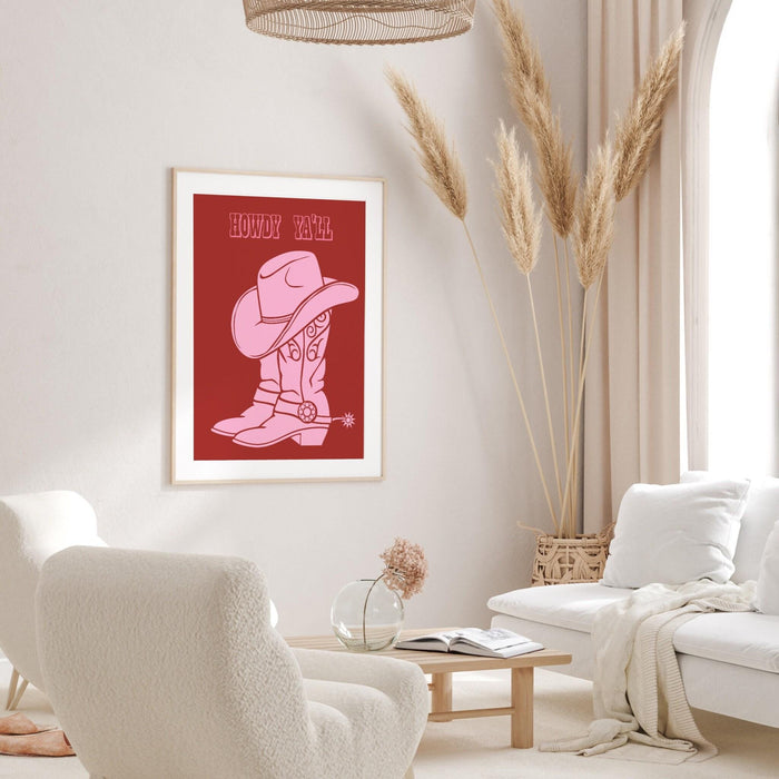 Trendy pink and red print, retro style poster, cowgirl with lassoo modern wall art, printable wall art, cute dorm decor, howdy, cowboy boots