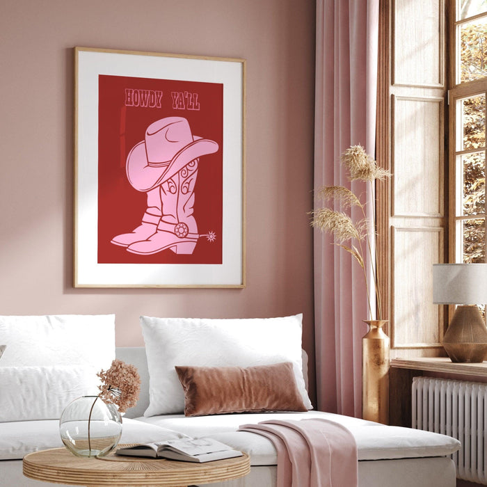 Trendy pink and red print, retro style poster, cowgirl with lassoo modern wall art, printable wall art, cute dorm decor, howdy, cowboy boots