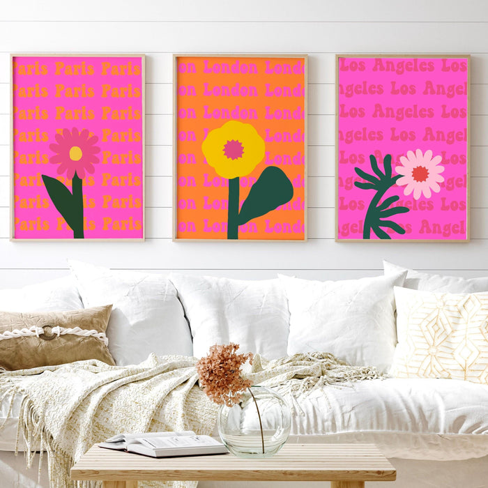 Travel print set of 6, gallery wall set, printable wall art, colorful travel poster, pink orange wall art, orange pink wall decor, printable