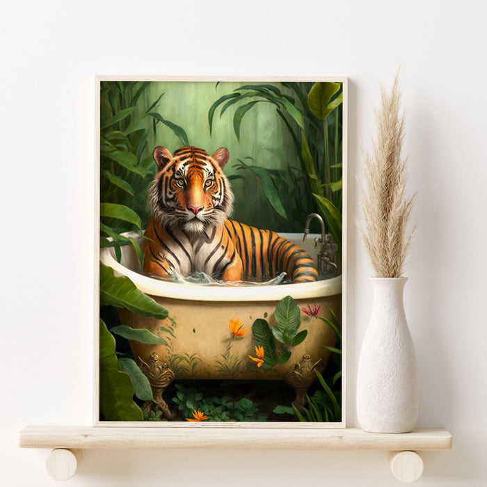 Tiger in bath bathroom art print, maximalist animal in bathtub jungle wall art, funny bathroom printable, eclectic boho bathroom home decor