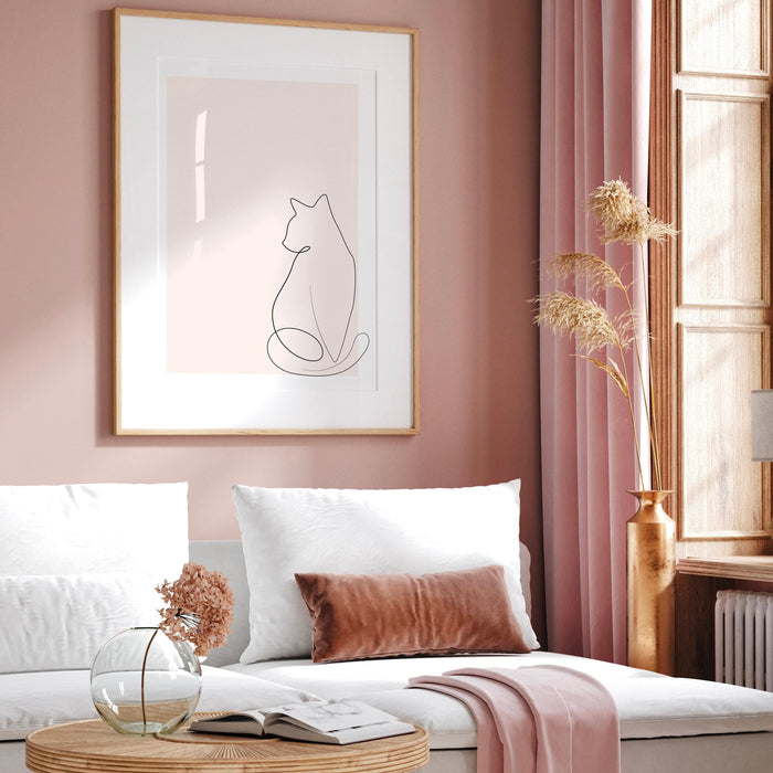 Siamese cat ink drawing | cute pink cat wall art | pink feline line art | neutral pale pink decor |  baby pink minimalist digital art