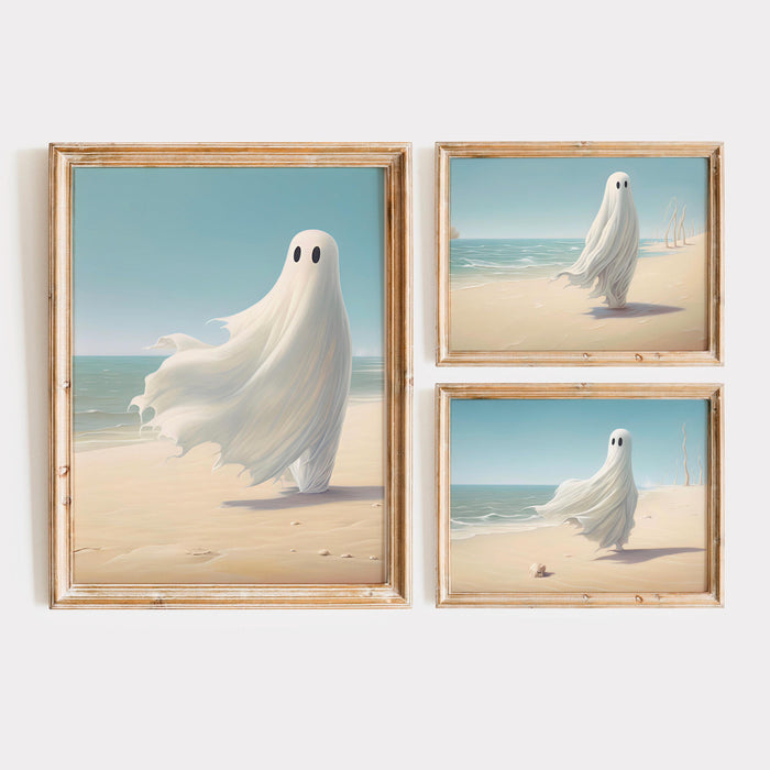 Soft girly halloween coastal art gallery set of 6, cute beach ghost halloween printable, retro fall, fall printable, landscape digital