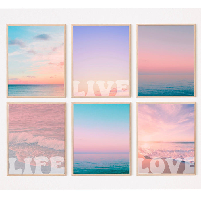 Set of 6 pink and orange wall art  digital download, 70s 60s style poster print, orange pink decor, dorm wall decor,  ocean blush pastel p